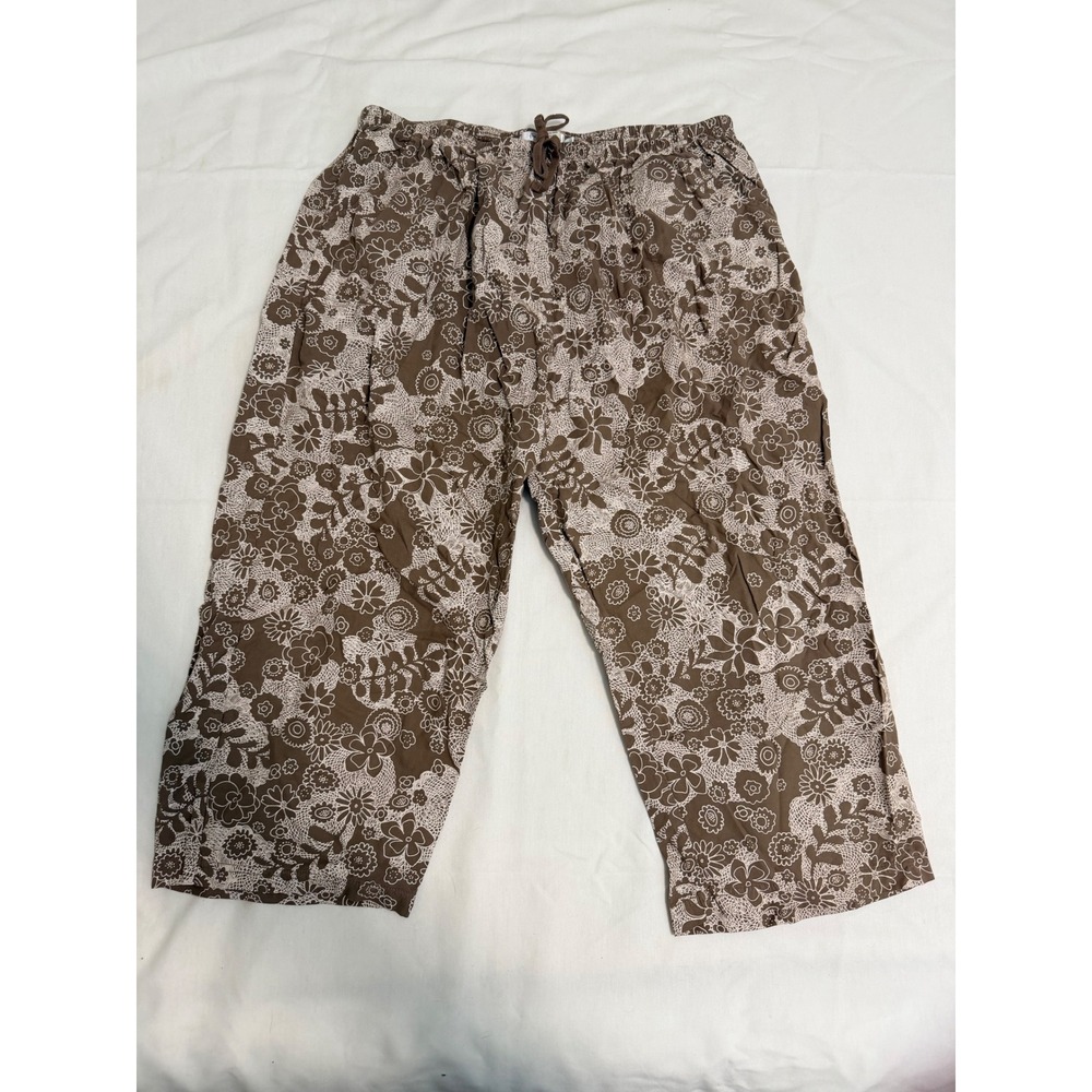 Fresh Produce Brown Floral Cotton Cropped Pants 2X Elastic Waist Made in USA